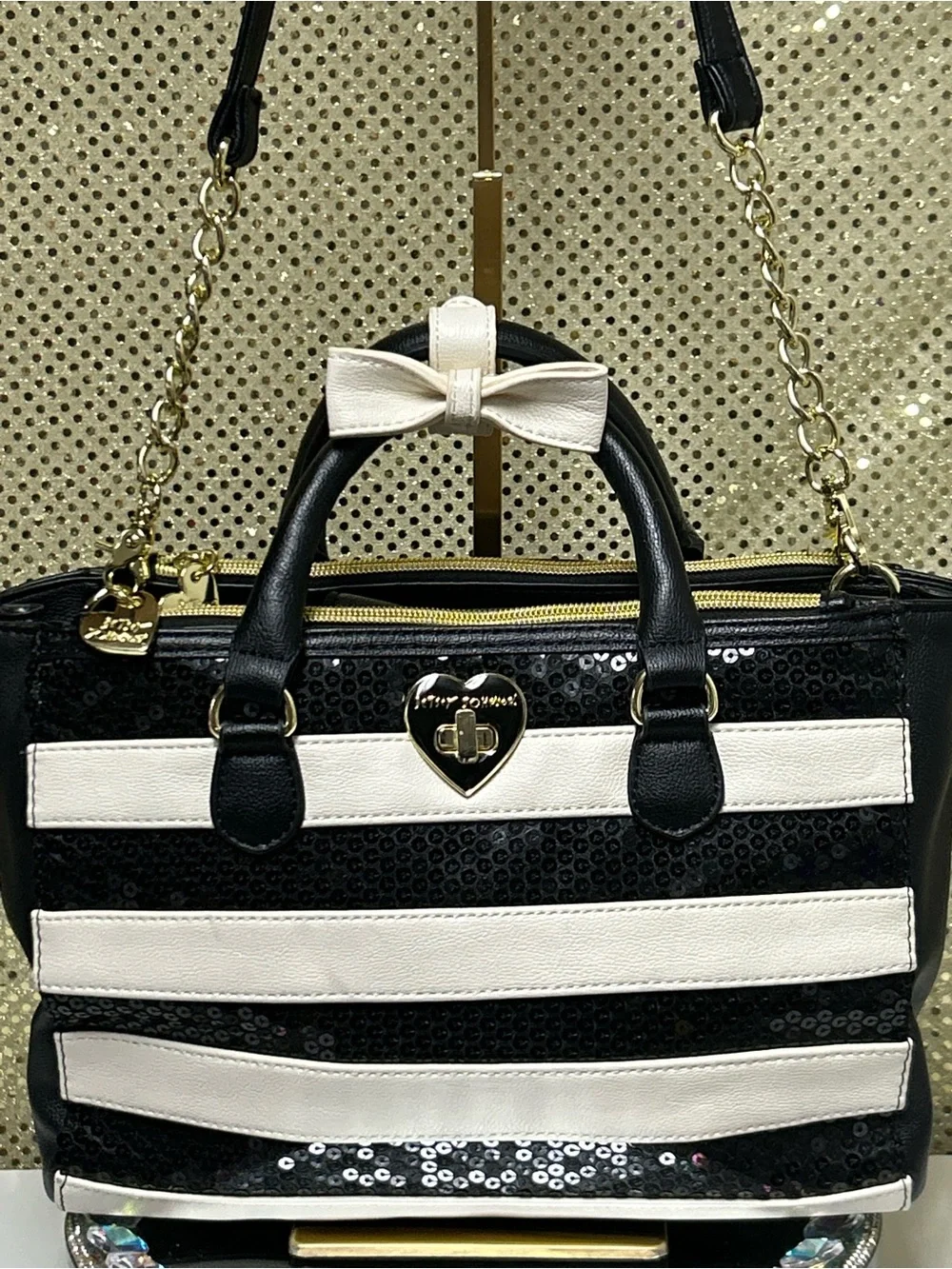 Betsey Johnson Black & White Striped Sequin Satchel Bag w/Bow Approx. 11 x 8 x 4